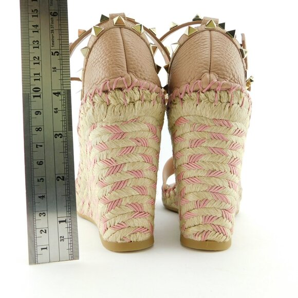 New VALENTINO Rockstud Nude Beige Espadrille Wedge Ankle Strap Sandals 37 - Picture 6 of 10